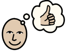 A smiling person with a thought bubble of thumbs up