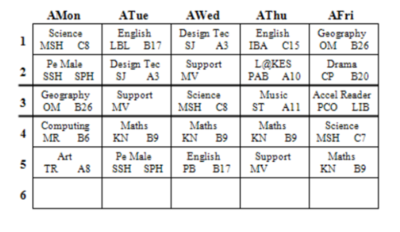 Standard school timetable example