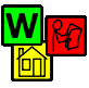 Three coloured squares, green with a black W, red with a person reading, yellow with home