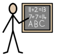Stick figure standing by a blackboard with chalk writing on