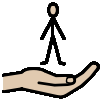 A hand with its palm up, holding a person