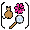 Brackets containing a magnifying glass, a flower and a cat