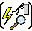 Brackets containing a magnifying glass, lightning bolt and person pushing block