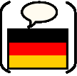 Brackets containing a speech bubble and a German flag
