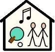 House shape containing music note, table tennis paddle and two people