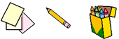 Widgit symbols of paper, pencil and crayons