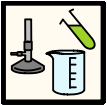 Square containing a bunsen burner a beaker and a test tube holding green liquid