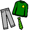 Trousers, a green jumper with a yellow badge and a green and yellow striped tie