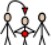 Three people in a row. There is an arrow pointing from the first person to the middle person who is holding a red ball. This is to show taking turns in order.