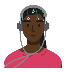 Illustration of child with wires connected to their head while they wear headphones to test audio