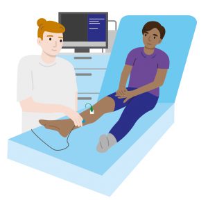 Illustration of child laid on bed with one trouser leg rolled up with a sticky patch on their shin connected to a wire. A clinician is by their side while they do the test