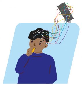 Illustration of child blowing on a party blower with sticky wires connected to their head