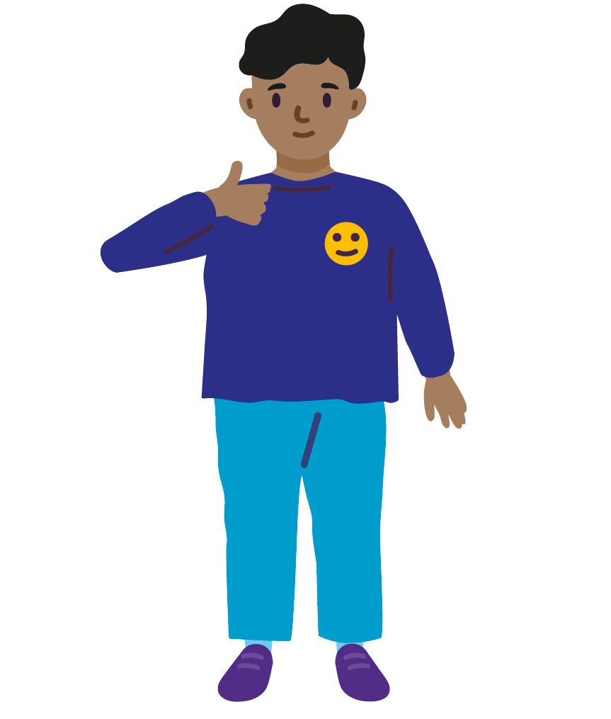 Illustration of child with their thumbs up and a smiley face sticker on their jumper