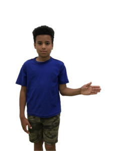 Child holding one arm sideways out from their body with their elbow bent at a right angle