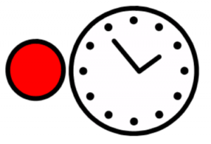 Clock with red circle to the left of it, meaning before something happens