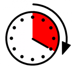 A clock with part of the clockface coloured red and an arrow pointing around the outside from 12 to 4, meaning during an event