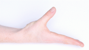 Photograph of person's hand resting on a table with their fingers straight and thumb outstretched to the side