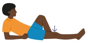 Illustration of person laying down, propped up on their elbows, with one leg bent at the knee, and the other straight out pushing their knee into the floor