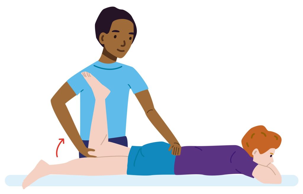 Illustration of child laying on tummy and adult lifting their knee up