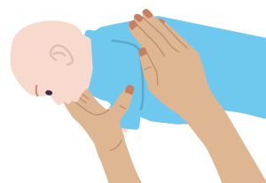 Illustration of baby laid on their side and cupped hand over their rib