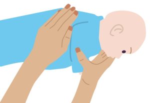 Illustration of baby laid on their side and cupped hand over their rib