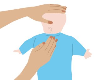 Illustration of baby laid on their front with cupped hand over their left back
