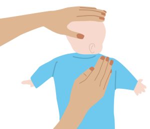 Illustration of baby laid on their front with cupped hand over their right back