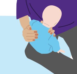 Illustration of baby sitting on knee and cupped hand over their left back