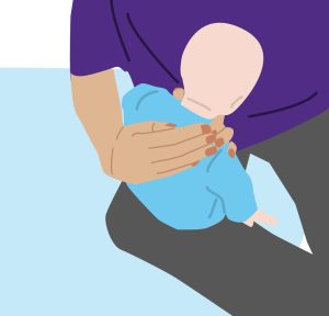 Illustration of baby sitting on knee and cupped hand over their rightback