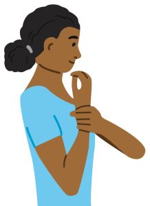 Illustration of person with their arm in front of their chest, bent at the elbow, and holding their wrist