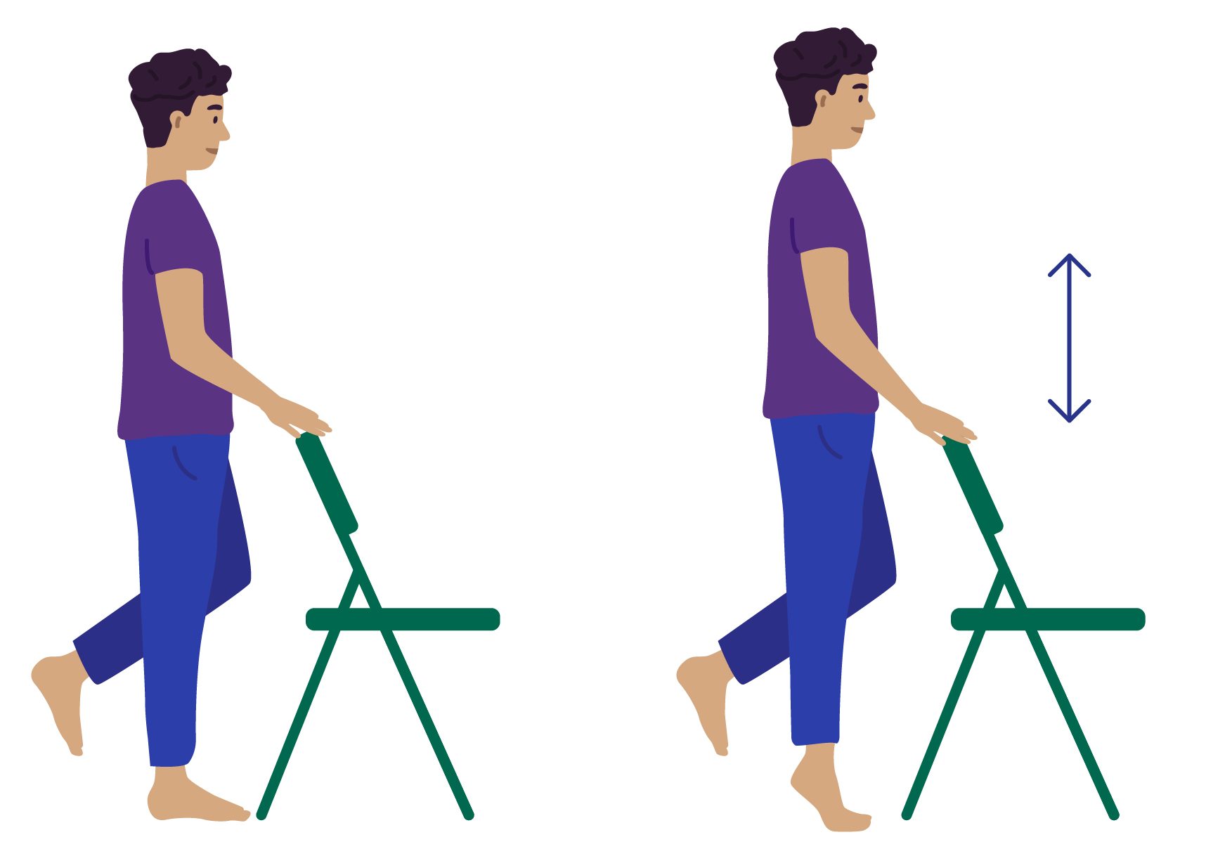 Illustration of person using a chair to support themselves, stood on one leg and going up and down on their toes