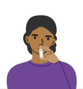 Illustration of person holding spray bottle in one hand and inserting it into their opposite nostril