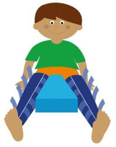 Illustration of child laid down with their legs apart with leg gaiters on and a wedge between their legs