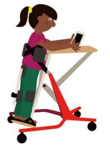 Illustration of child strapped into a standing frame to support their standing and walking