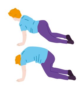 Illustration of child on their hands and knees with their back first flexed to stick their bottom up and out, and then hunched and arched outwards