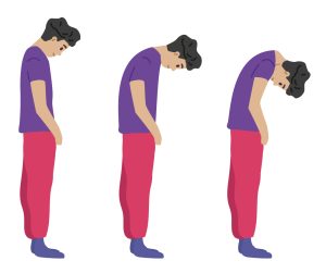 Illustration of child stood with their back to a wall and gently lowering their head to hunch and bend their neck and shoulders