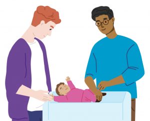 Illustration of two fathers smiling down on their baby in a crib
