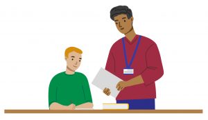 Illustration of a child with a school teaching assistant helping them