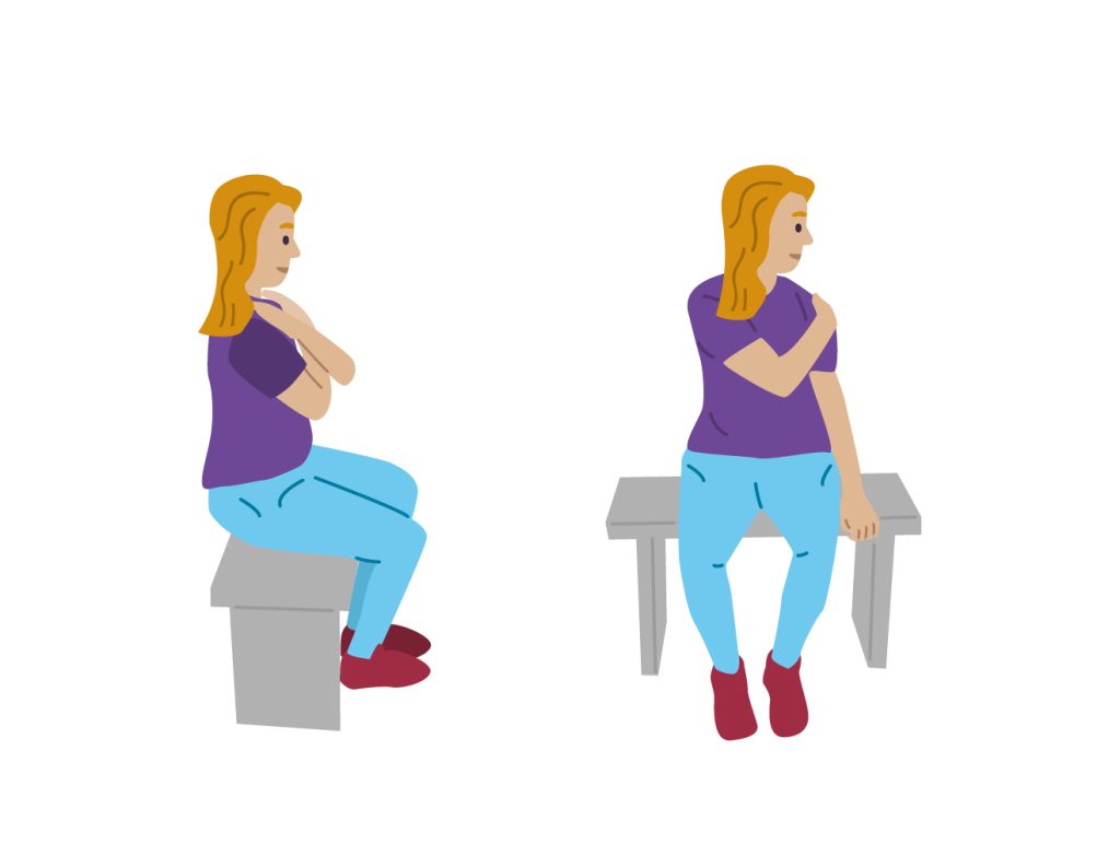 Illustration of child sat down with one hand placed on their opposite shoulder and twisting in that direction