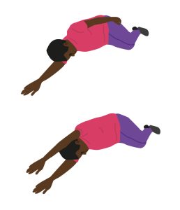 Illustration of child laid on their side with their knees bent, and raising one arm above and past their head to stretch their side