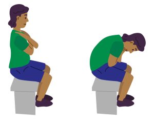 Illustration of child sitting down with their arms crossed their chest and learning forwards to curl their back