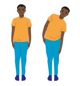 Illustration of child standing and on one side pulling their shoulder and arm down towards their knees so they rotate their torso to one side