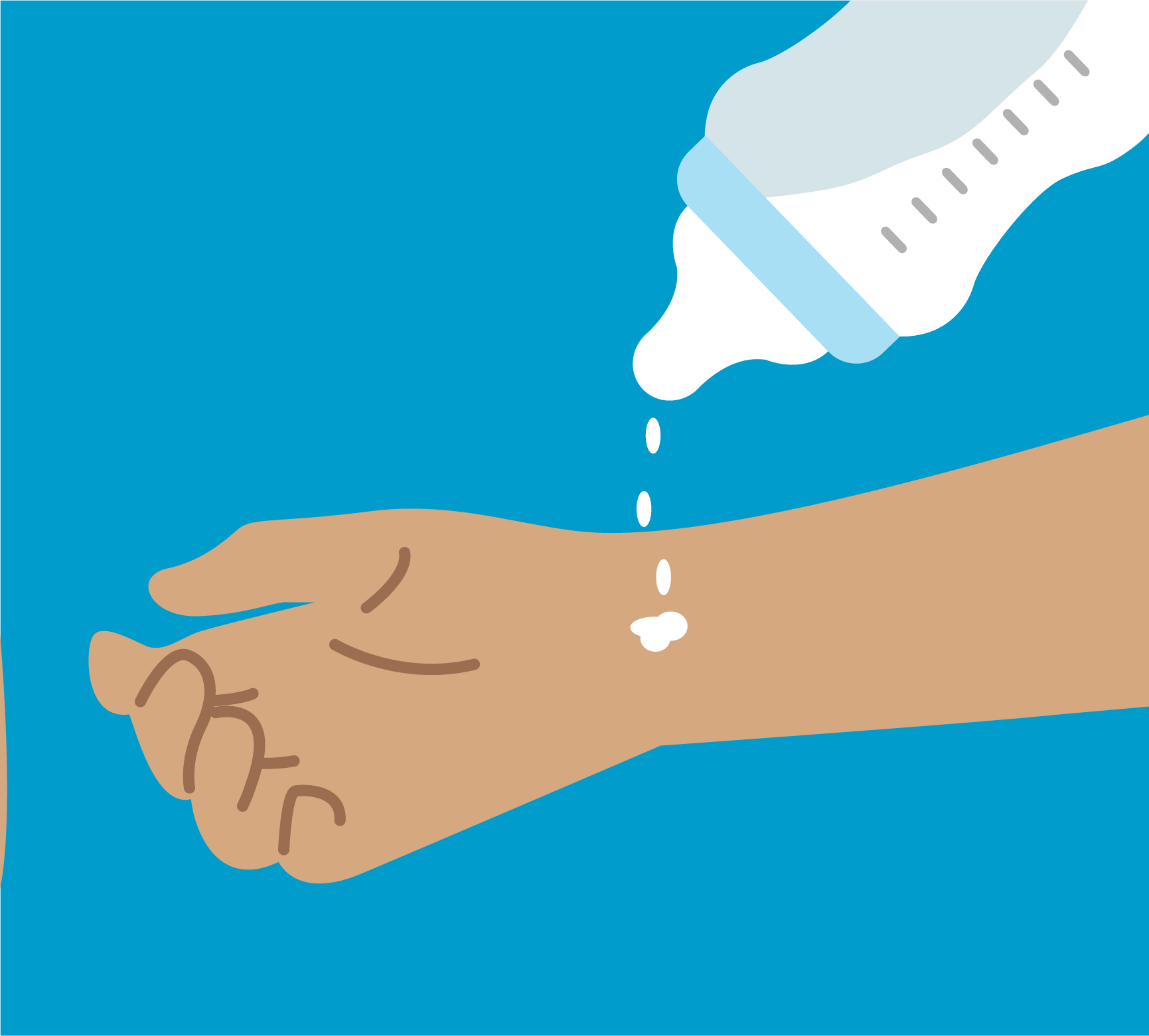 Illustration of person checking temperature of baby milk put pouring some onto the inside of their wrist