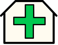 Widgit symbol of green plus inside a building