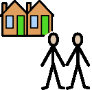two house and two stick people holding hands 