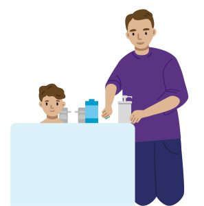 Illustration of child in the bath with parent helping them to bathe
