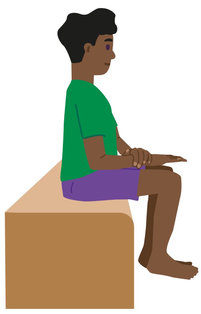Illustration of child sitting down with their arm bent at the elbow, and their other hand over their wrist