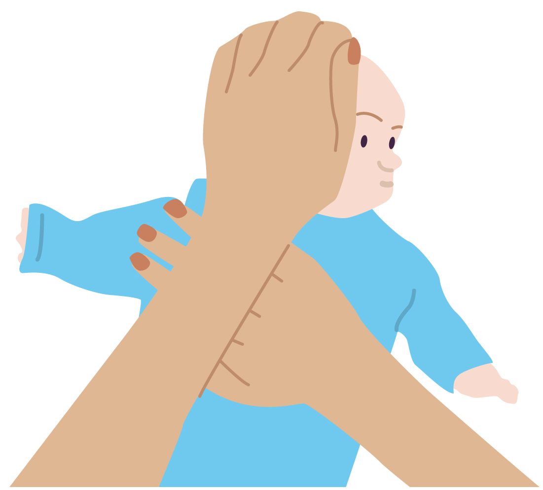 Illustration of baby laid on their back with someone holding their chest and head, pushing it to one side