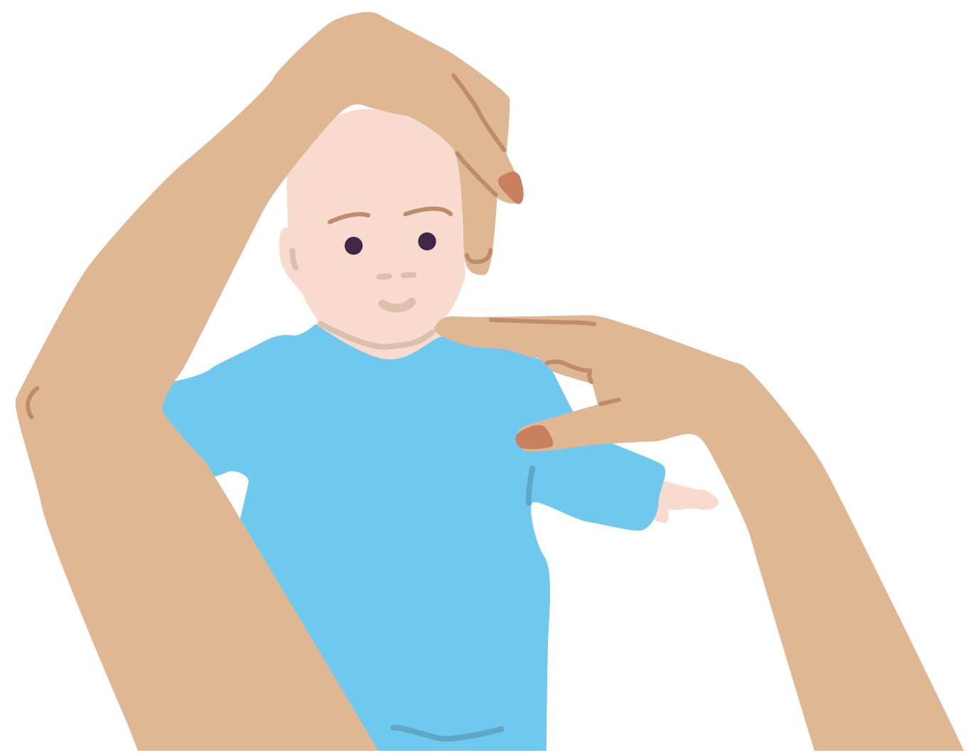 Illustration of baby laid on their back with someone holding their shoulder and head