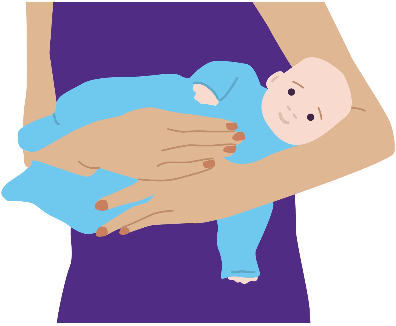 Illustration of baby being held on their side, through their legs